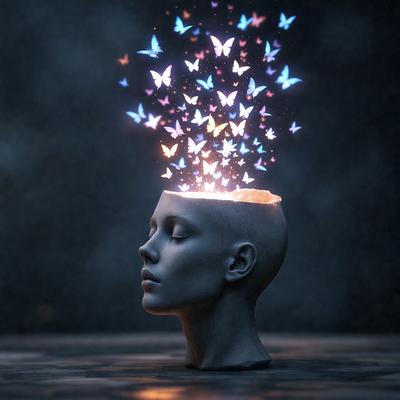 The primary subject of the image is a close-up of a head with a brain, which is the main object of the scene. The setting is a dark background, creating a moody atmosphere. The visual style is a combination of photo and digital art, as the image features a realistic representation of the head and brain. The colors are predominantly dark, with the brain and butterflies adding a touch of vibrancy to the scene.